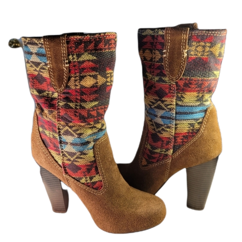 MIA EXPLORER BROWN LEATHER/ SUEDE HEELED BOOTS